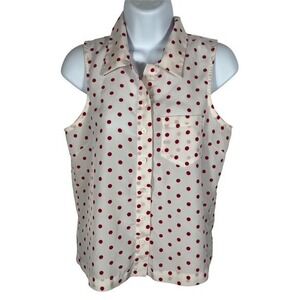 byCORPUS Womens Sz S Sleeveless White Blouse Red Polka Dot Button Down-1736